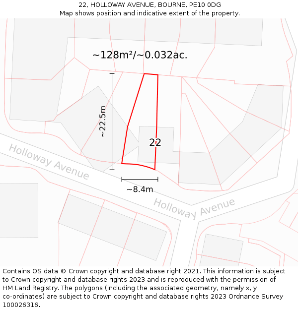 22, HOLLOWAY AVENUE, BOURNE, PE10 0DG: Plot and title map