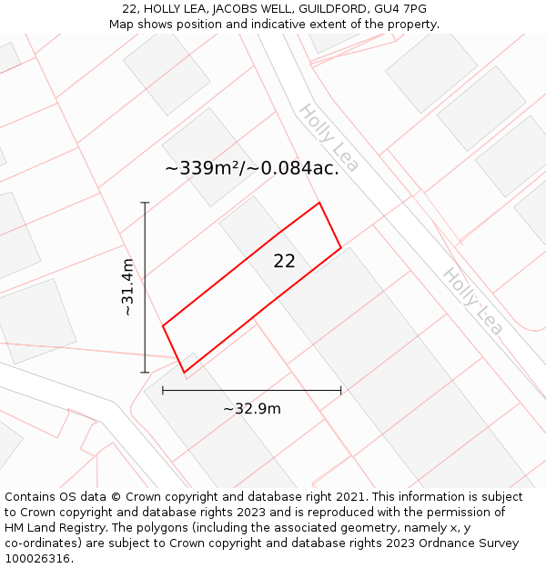 22, HOLLY LEA, JACOBS WELL, GUILDFORD, GU4 7PG: Plot and title map