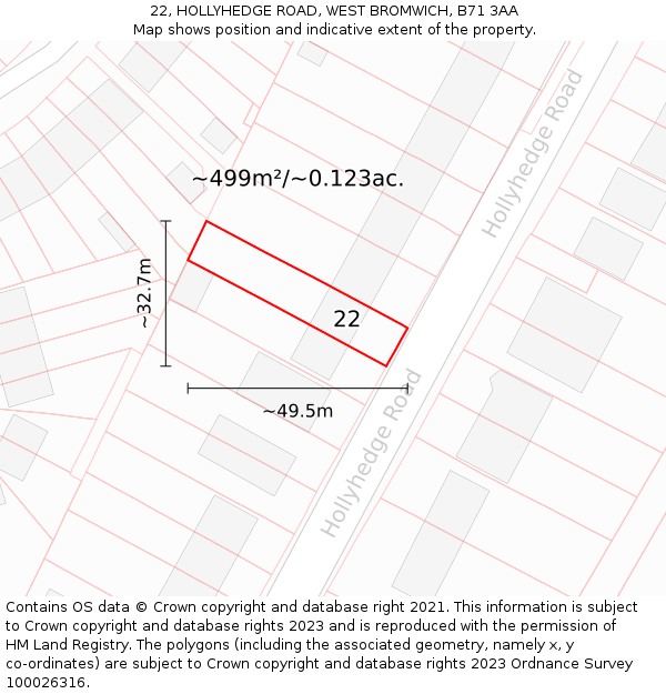 22, HOLLYHEDGE ROAD, WEST BROMWICH, B71 3AA: Plot and title map