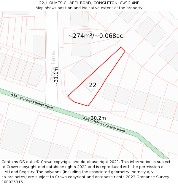 22, HOLMES CHAPEL ROAD, CONGLETON, CW12 4NE: Plot and title map