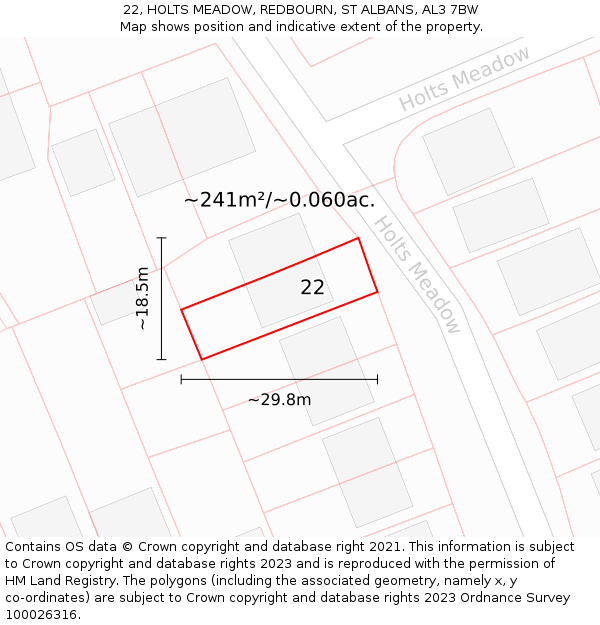 22, HOLTS MEADOW, REDBOURN, ST ALBANS, AL3 7BW: Plot and title map