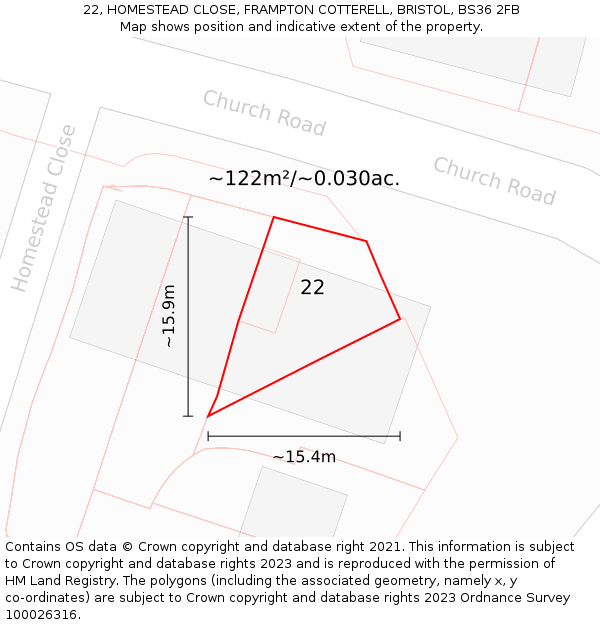 22, HOMESTEAD CLOSE, FRAMPTON COTTERELL, BRISTOL, BS36 2FB: Plot and title map