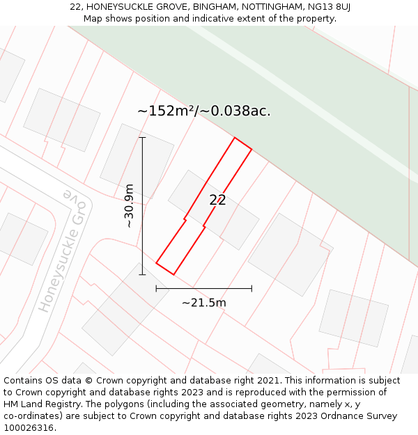 22, HONEYSUCKLE GROVE, BINGHAM, NOTTINGHAM, NG13 8UJ: Plot and title map
