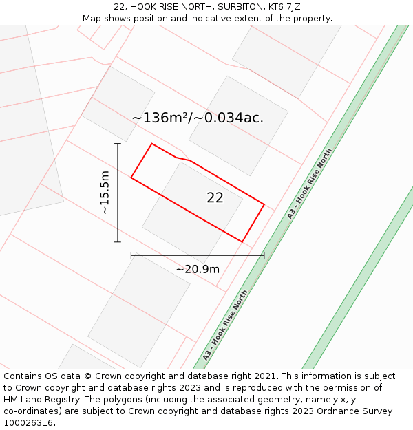 22, HOOK RISE NORTH, SURBITON, KT6 7JZ: Plot and title map