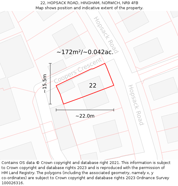 22, HOPSACK ROAD, HINGHAM, NORWICH, NR9 4FB: Plot and title map