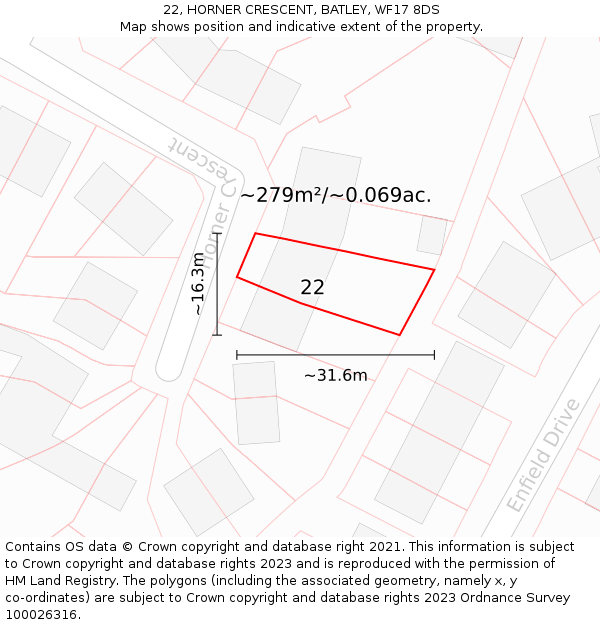 22, HORNER CRESCENT, BATLEY, WF17 8DS: Plot and title map