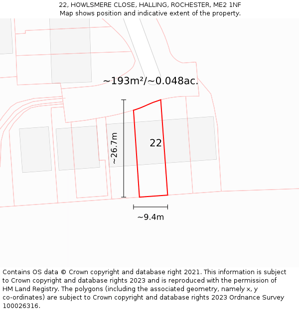 22, HOWLSMERE CLOSE, HALLING, ROCHESTER, ME2 1NF: Plot and title map