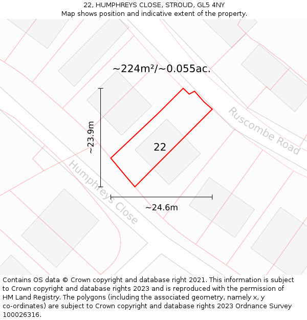 22, HUMPHREYS CLOSE, STROUD, GL5 4NY: Plot and title map