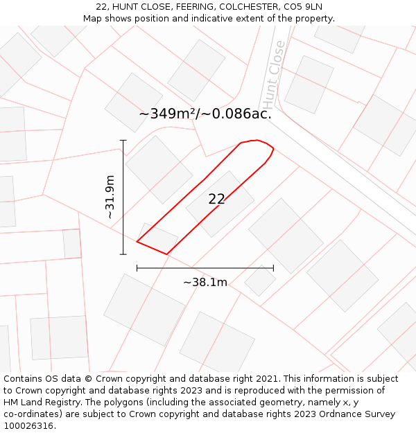 22, HUNT CLOSE, FEERING, COLCHESTER, CO5 9LN: Plot and title map