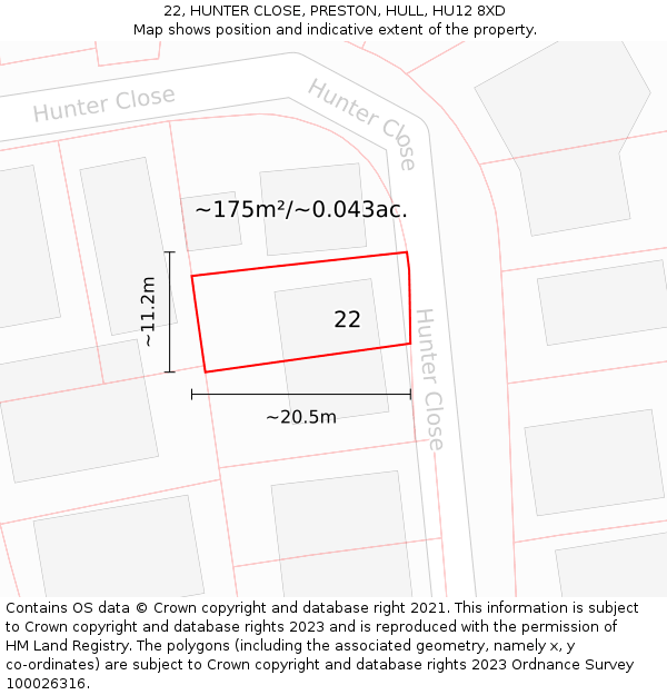 22, HUNTER CLOSE, PRESTON, HULL, HU12 8XD: Plot and title map