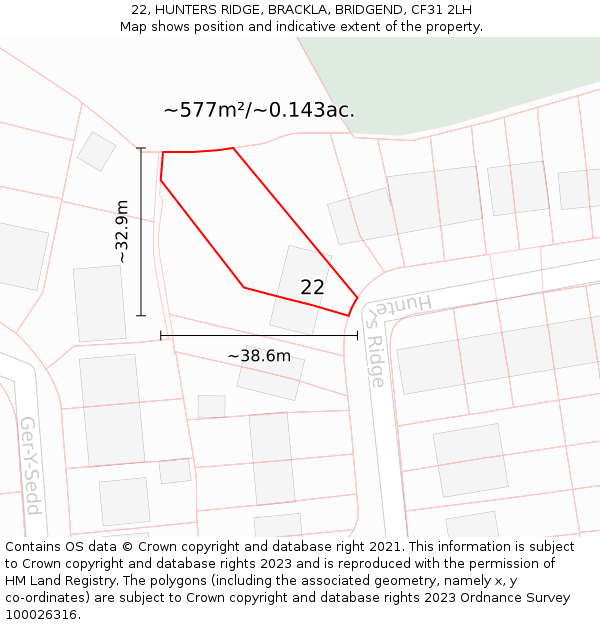 22, HUNTERS RIDGE, BRACKLA, BRIDGEND, CF31 2LH: Plot and title map
