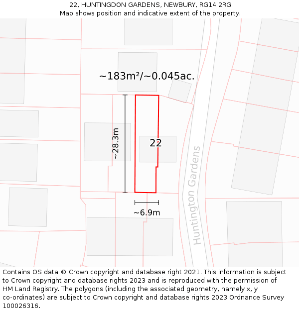 22, HUNTINGDON GARDENS, NEWBURY, RG14 2RG: Plot and title map