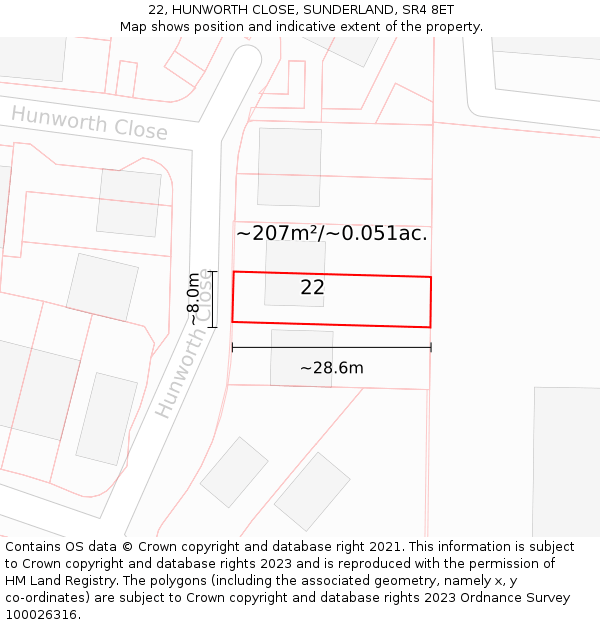 22, HUNWORTH CLOSE, SUNDERLAND, SR4 8ET: Plot and title map