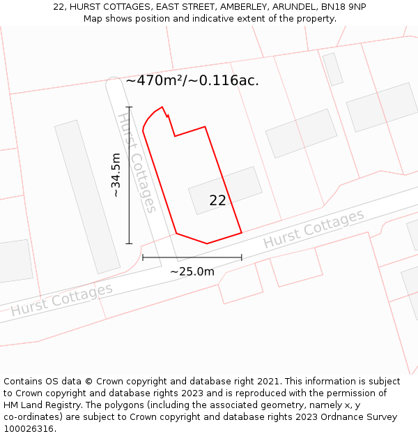 22, HURST COTTAGES, EAST STREET, AMBERLEY, ARUNDEL, BN18 9NP: Plot and title map