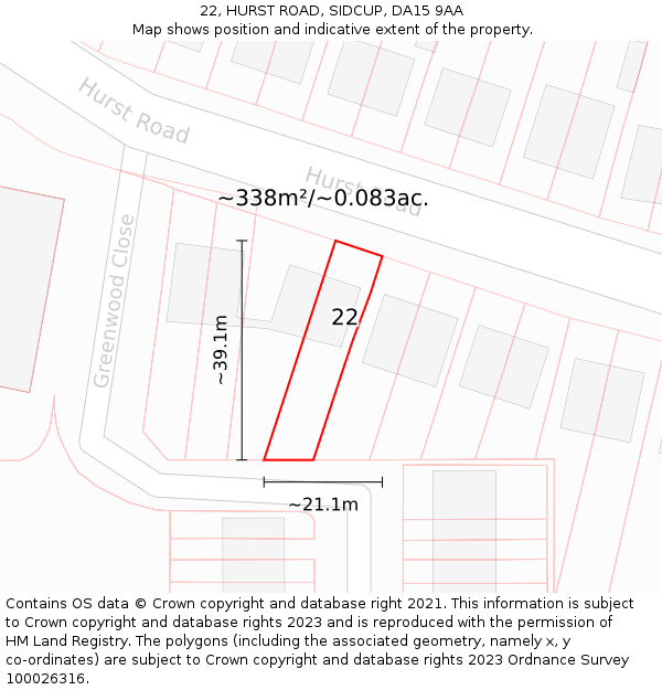 22, HURST ROAD, SIDCUP, DA15 9AA: Plot and title map
