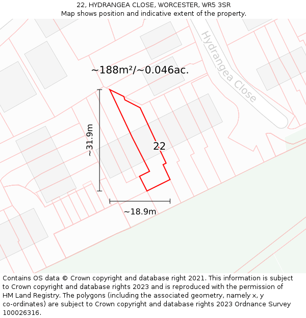 22, HYDRANGEA CLOSE, WORCESTER, WR5 3SR: Plot and title map