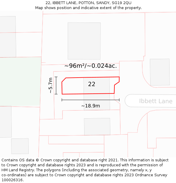 22, IBBETT LANE, POTTON, SANDY, SG19 2QU: Plot and title map