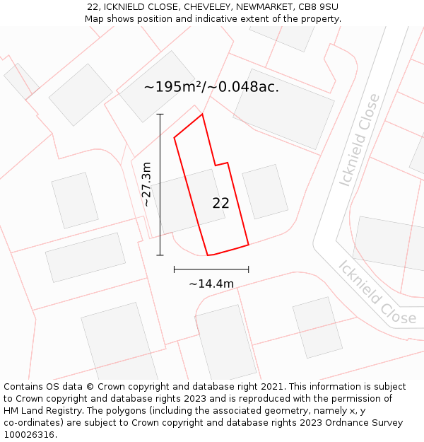 22, ICKNIELD CLOSE, CHEVELEY, NEWMARKET, CB8 9SU: Plot and title map
