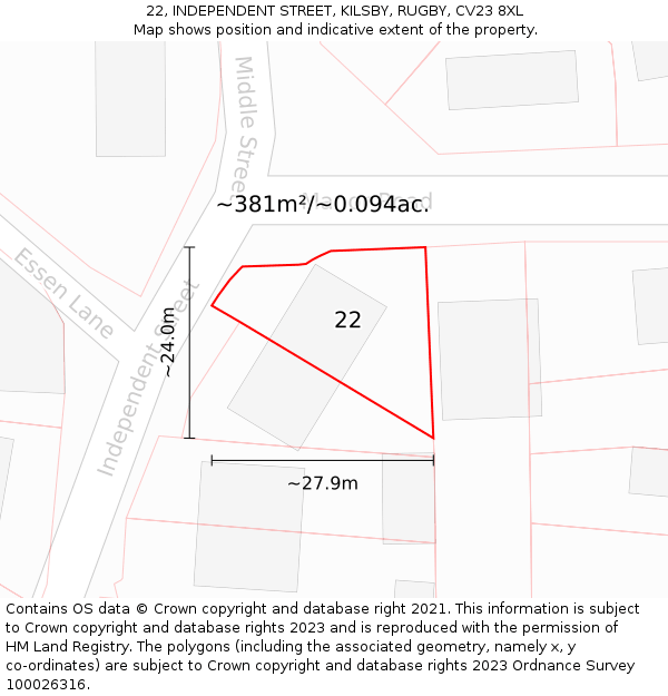 22, INDEPENDENT STREET, KILSBY, RUGBY, CV23 8XL: Plot and title map