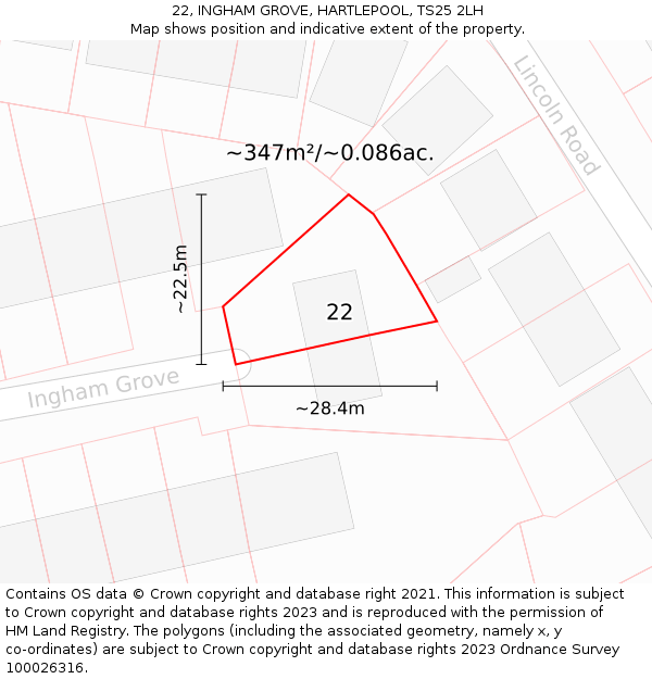 22, INGHAM GROVE, HARTLEPOOL, TS25 2LH: Plot and title map
