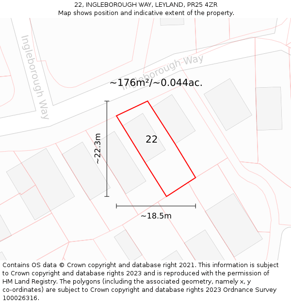22, INGLEBOROUGH WAY, LEYLAND, PR25 4ZR: Plot and title map