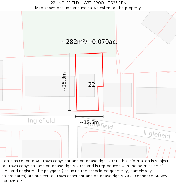 22, INGLEFIELD, HARTLEPOOL, TS25 1RN: Plot and title map