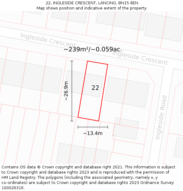 22, INGLESIDE CRESCENT, LANCING, BN15 8EN: Plot and title map
