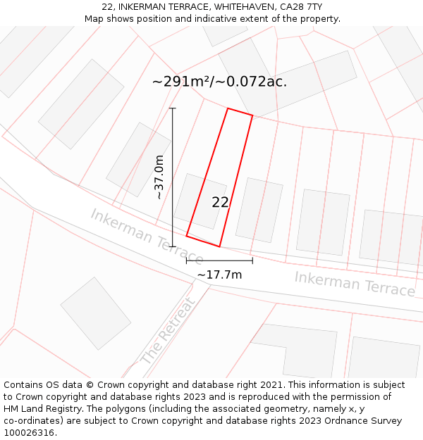22, INKERMAN TERRACE, WHITEHAVEN, CA28 7TY: Plot and title map
