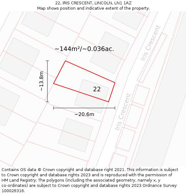 22, IRIS CRESCENT, LINCOLN, LN1 1AZ: Plot and title map