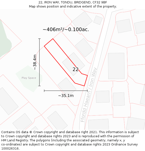 22, IRON WAY, TONDU, BRIDGEND, CF32 9BF: Plot and title map