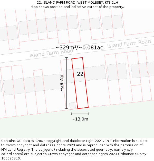22, ISLAND FARM ROAD, WEST MOLESEY, KT8 2LH: Plot and title map