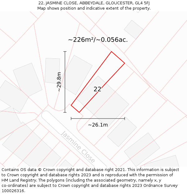 22, JASMINE CLOSE, ABBEYDALE, GLOUCESTER, GL4 5FJ: Plot and title map