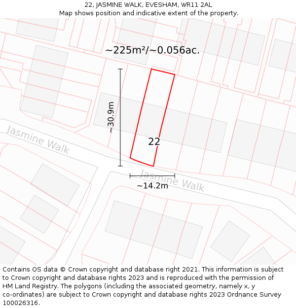 22, JASMINE WALK, EVESHAM, WR11 2AL: Plot and title map
