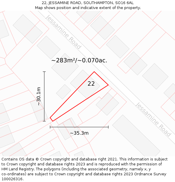 22, JESSAMINE ROAD, SOUTHAMPTON, SO16 6AL: Plot and title map