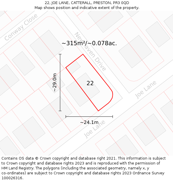 22, JOE LANE, CATTERALL, PRESTON, PR3 0QD: Plot and title map