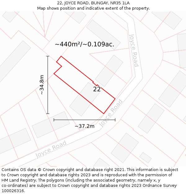 22, JOYCE ROAD, BUNGAY, NR35 1LA: Plot and title map