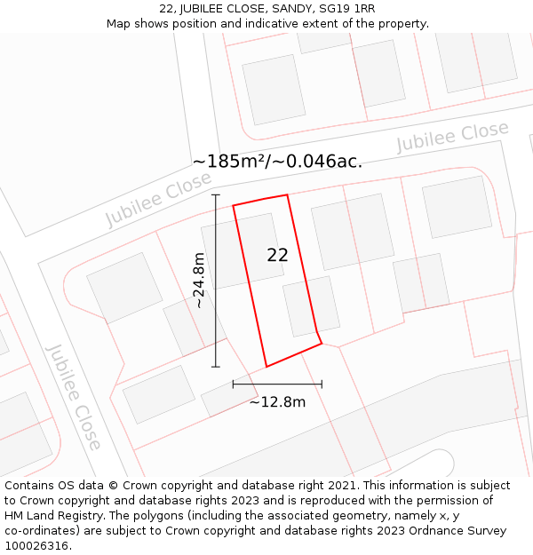 22, JUBILEE CLOSE, SANDY, SG19 1RR: Plot and title map