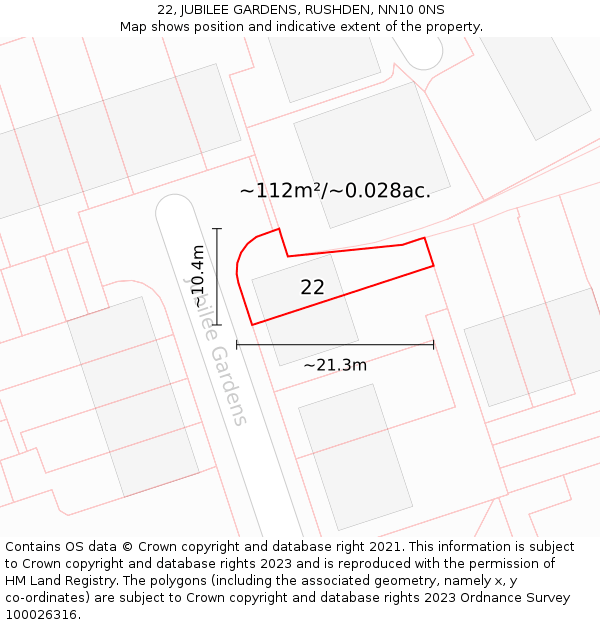 22, JUBILEE GARDENS, RUSHDEN, NN10 0NS: Plot and title map