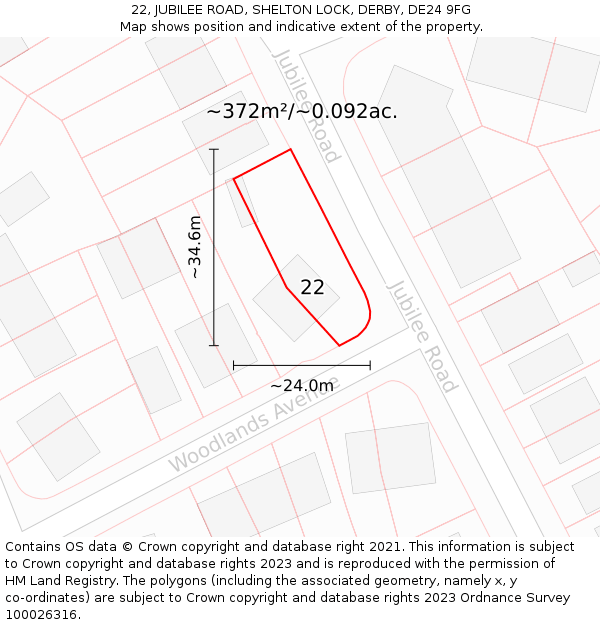 22, JUBILEE ROAD, SHELTON LOCK, DERBY, DE24 9FG: Plot and title map