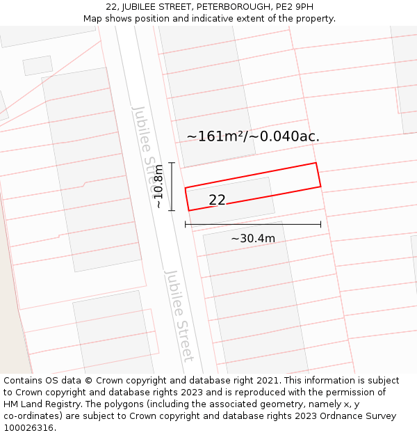 22, JUBILEE STREET, PETERBOROUGH, PE2 9PH: Plot and title map