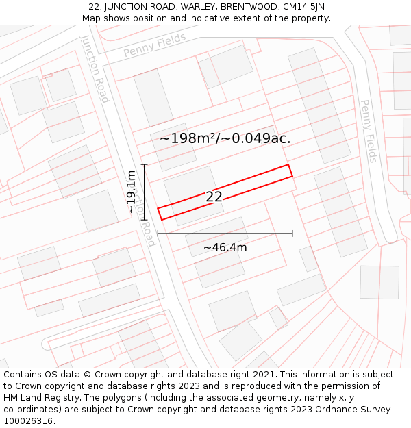 22, JUNCTION ROAD, WARLEY, BRENTWOOD, CM14 5JN: Plot and title map