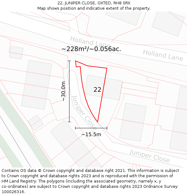 22, JUNIPER CLOSE, OXTED, RH8 0RX: Plot and title map