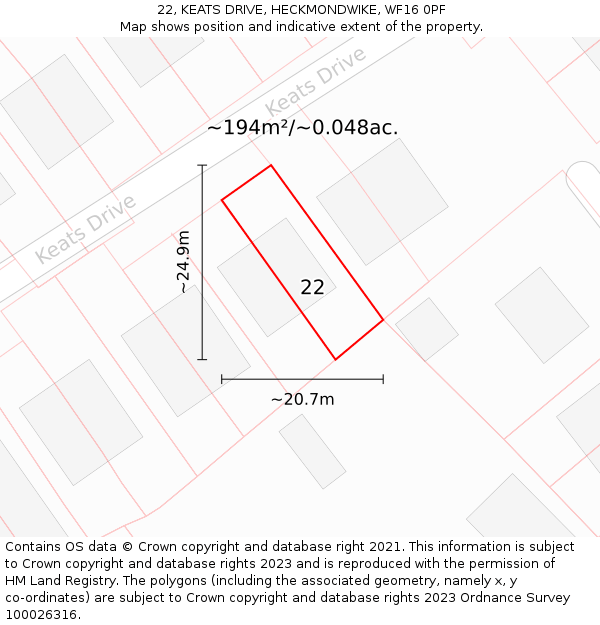 22, KEATS DRIVE, HECKMONDWIKE, WF16 0PF: Plot and title map