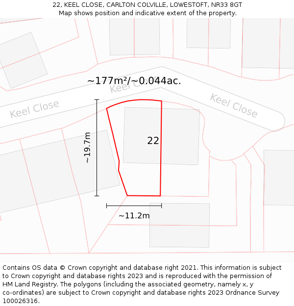 22, KEEL CLOSE, CARLTON COLVILLE, LOWESTOFT, NR33 8GT: Plot and title map