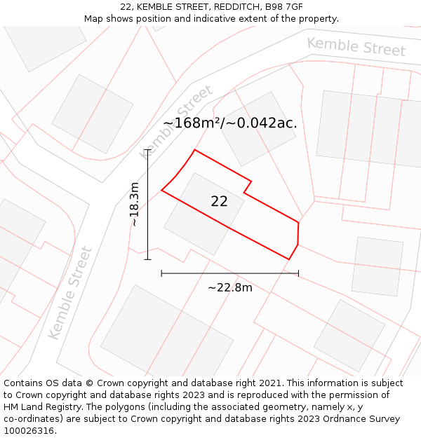 22, KEMBLE STREET, REDDITCH, B98 7GF: Plot and title map