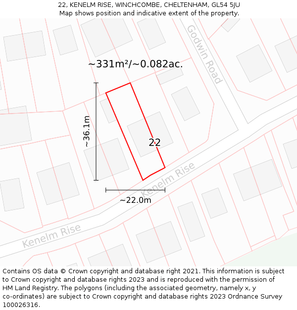 22, KENELM RISE, WINCHCOMBE, CHELTENHAM, GL54 5JU: Plot and title map