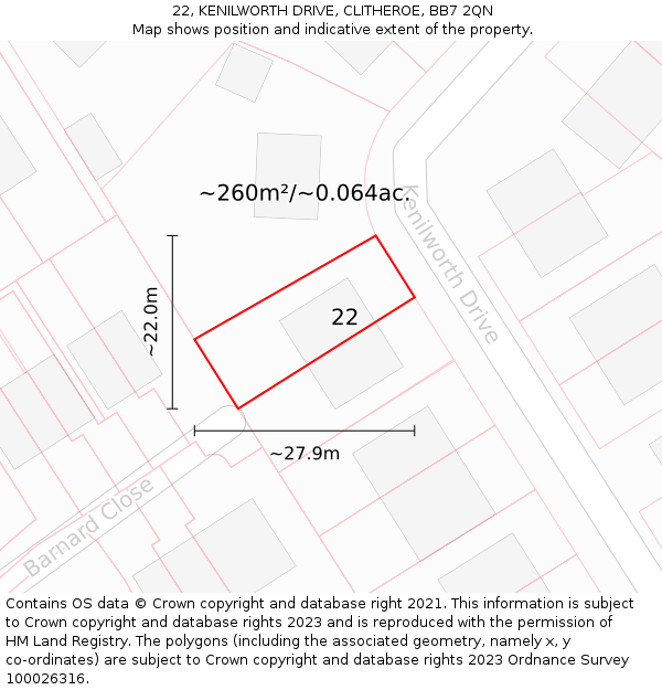 22, KENILWORTH DRIVE, CLITHEROE, BB7 2QN: Plot and title map