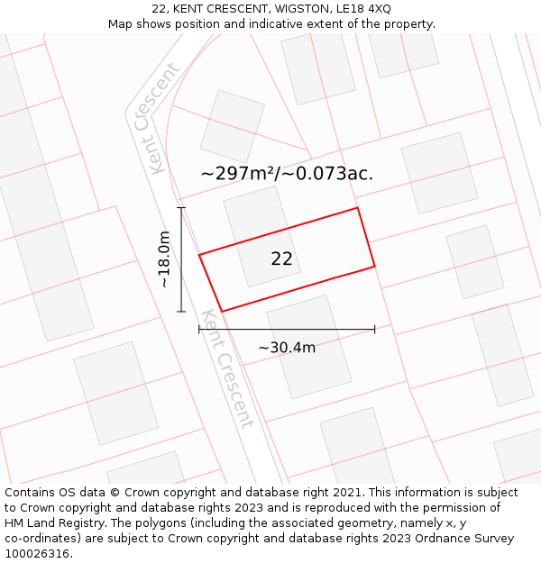 22, KENT CRESCENT, WIGSTON, LE18 4XQ: Plot and title map