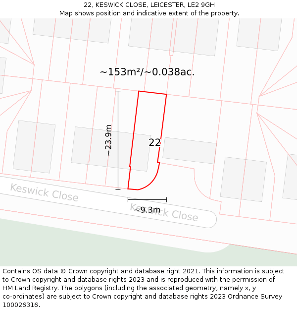 22, KESWICK CLOSE, LEICESTER, LE2 9GH: Plot and title map