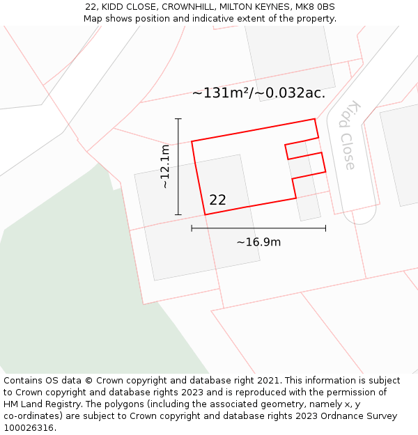 22, KIDD CLOSE, CROWNHILL, MILTON KEYNES, MK8 0BS: Plot and title map